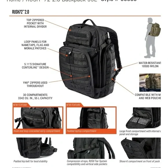 5.11 Tactical RUSH® 72 2.0 BACKPACK 55L Bug Out Bag - Picture 7 of 15